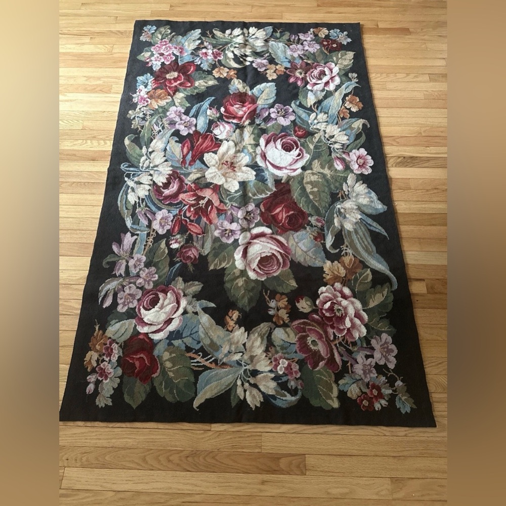 Vintage Floral Needlepoint Rug Beautiful floral design on Black 47” X 77”